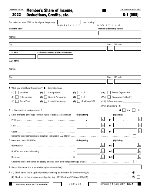 Form 568 Schedule K-1 2022 Printable Pdf