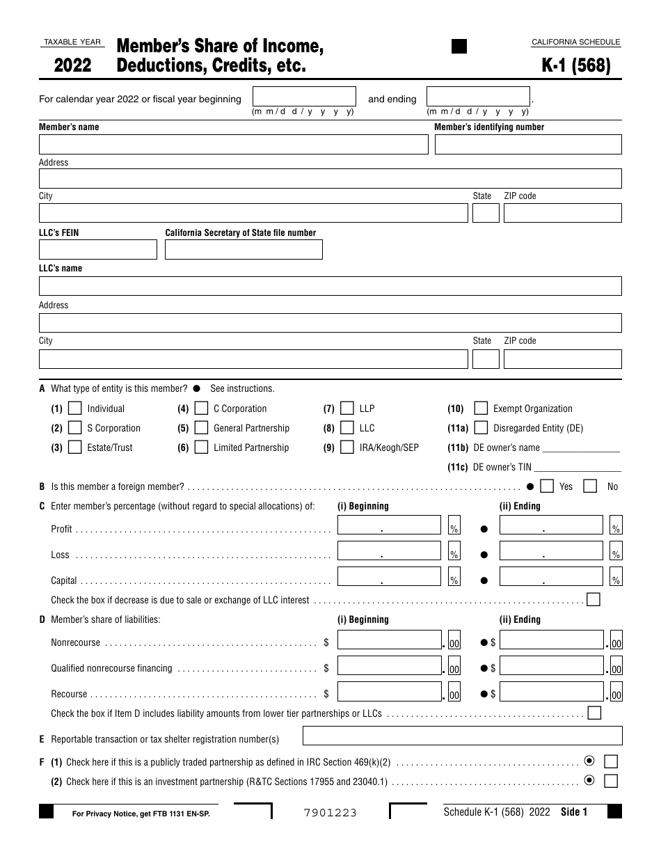 Form 568 Schedule K-1 Members Share of Income, Deductions, Credits, Etc. - California, Page 1