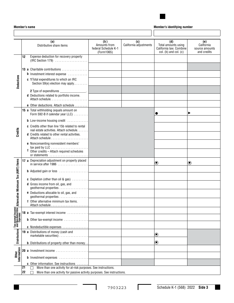 Form 568 Schedule K-1 Members Share of Income, Deductions, Credits, Etc. - California, Page 3
