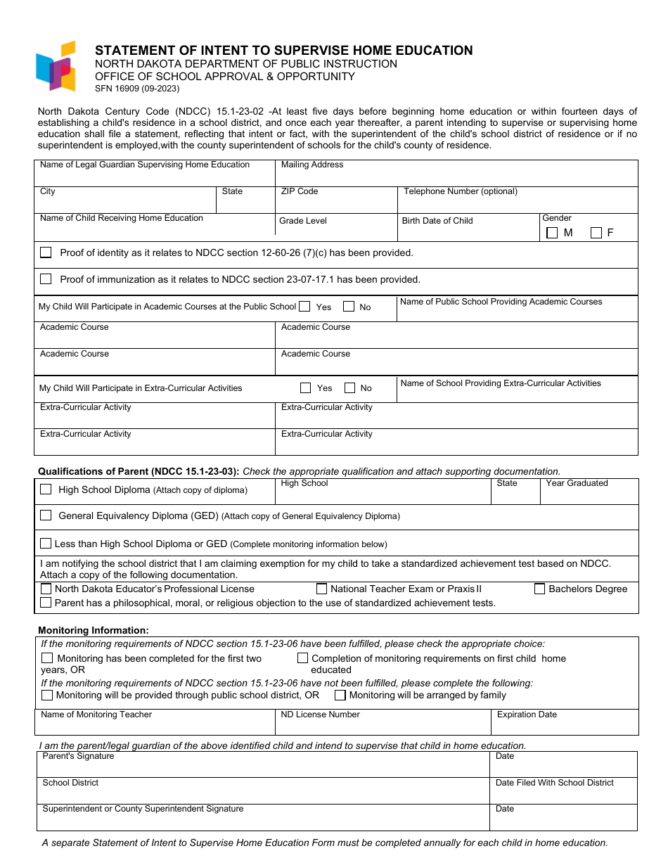 Form SFN16909 Statement of Intent to Supervise Home Education - North Dakota, Page 1