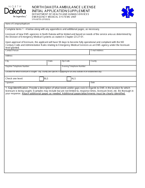 Form SFN60755 North Dakota Ambulance License Initial Application Supplement - North Dakota