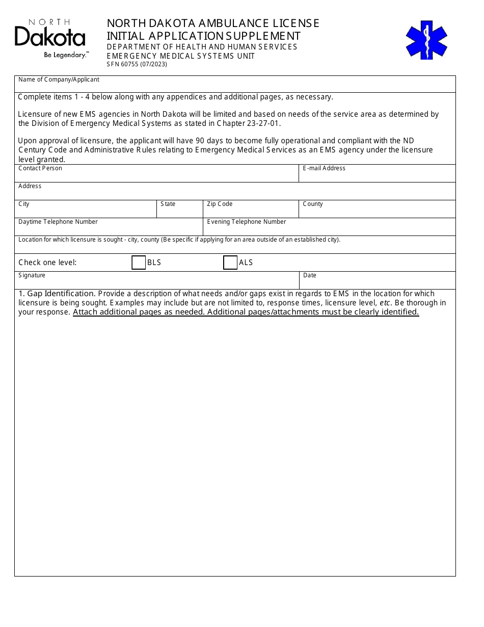 Form SFN60755 North Dakota Ambulance License Initial Application Supplement - North Dakota, Page 1
