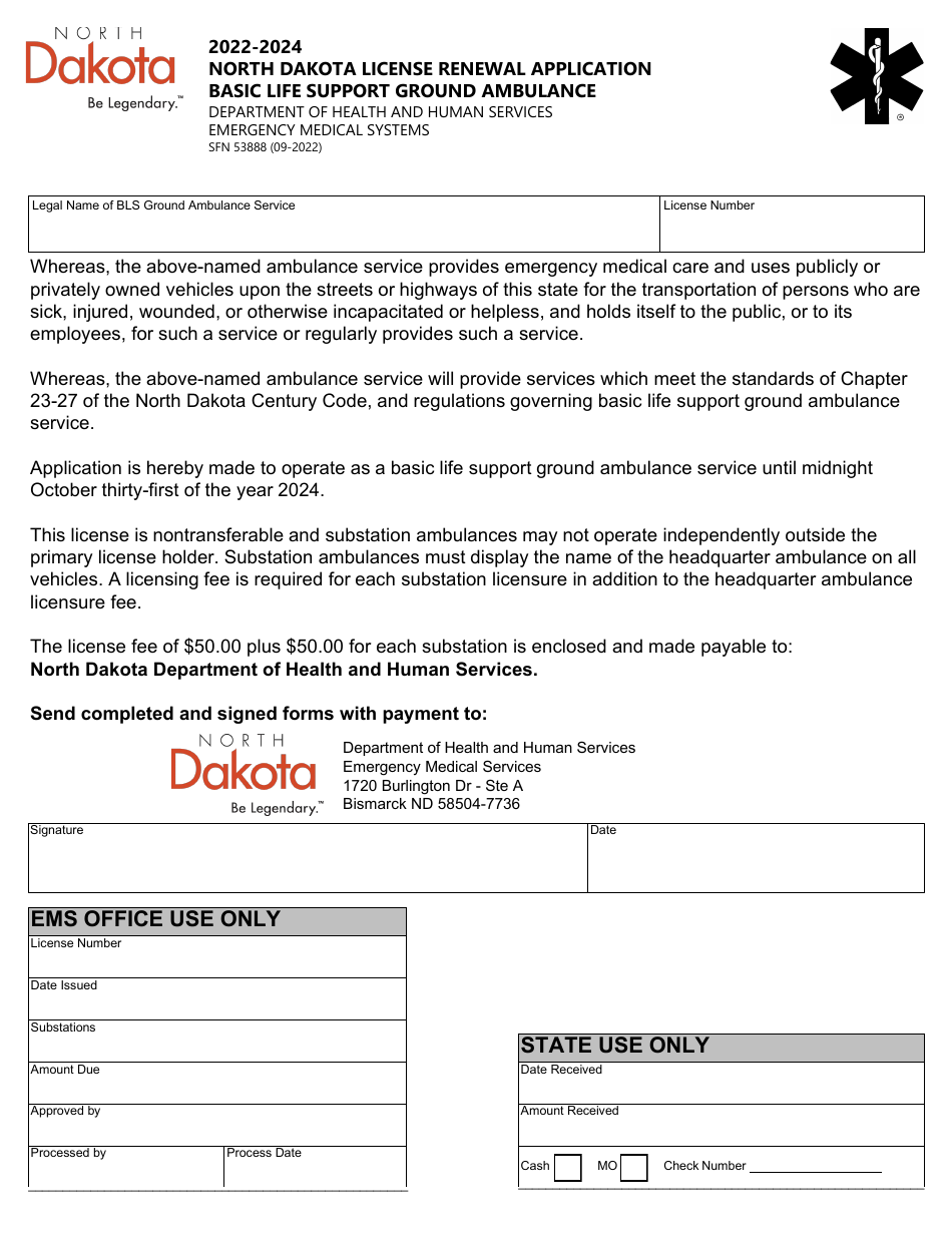 Form SFN53888 North Dakota License Renewal Application - Basic Life Support Ground Ambulance - North Dakota, Page 1