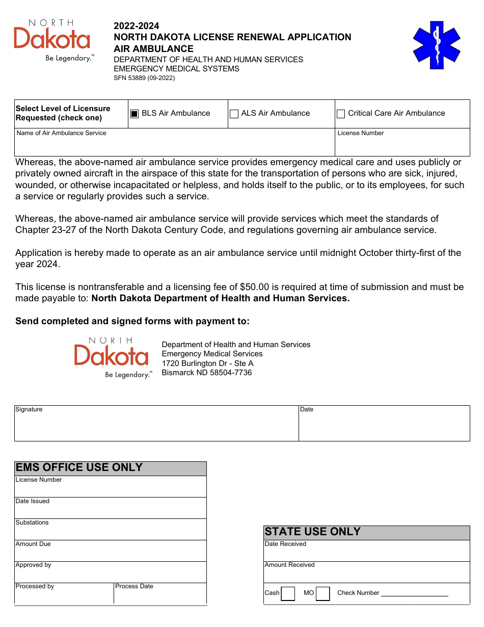 Form SFN53889 North Dakota License Renewal Application - Air Ambulance - North Dakota, Page 1