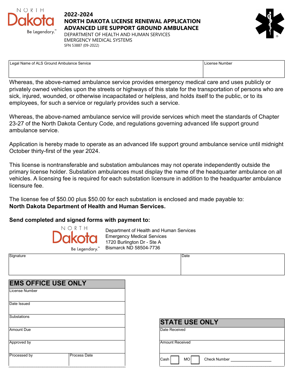 Form SFN53887 North Dakota License Renewal Application - Advanced Life Support Ground Ambulance - North Dakota, Page 1
