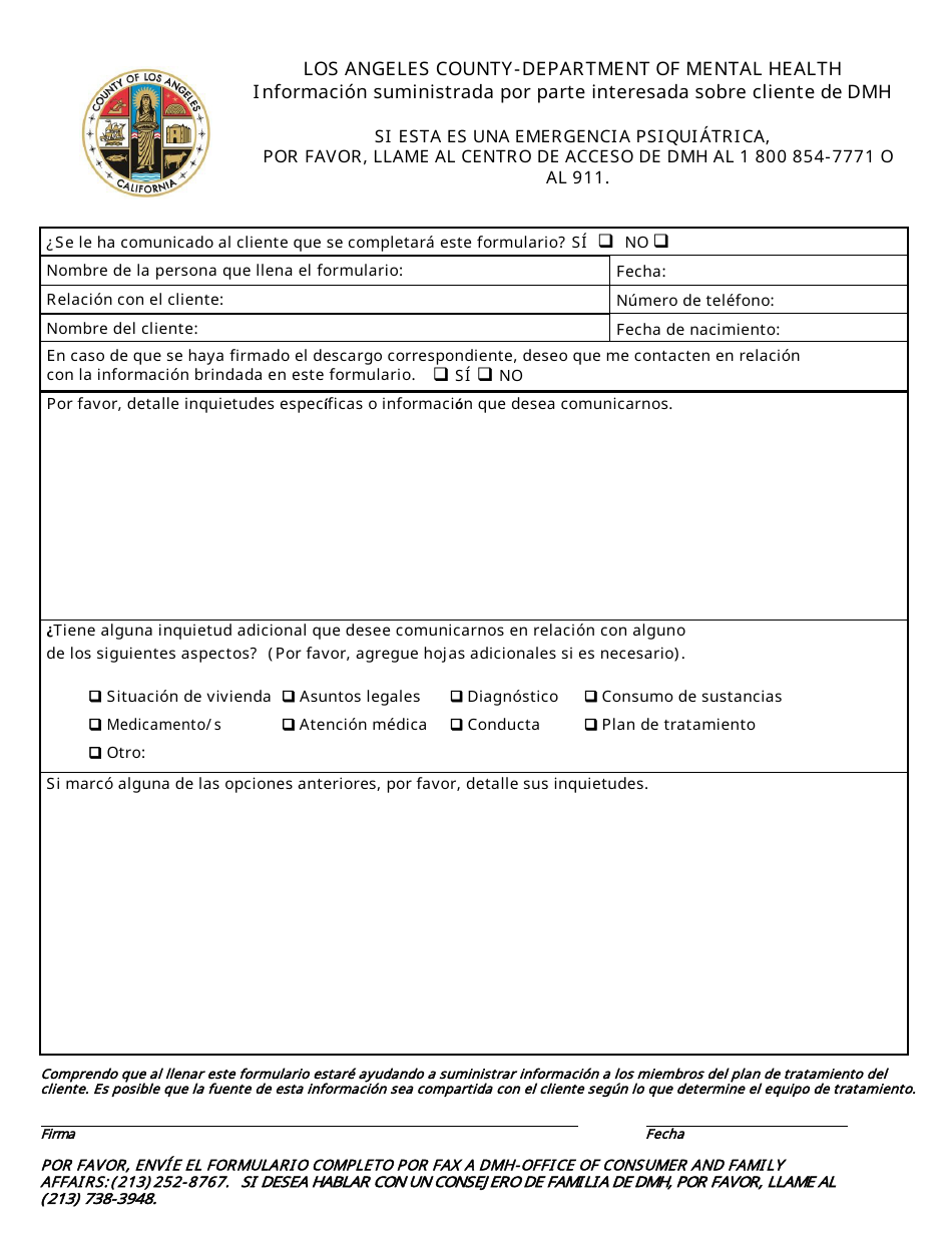 Informacion Suministrada Por Parte Interesada Sobre Cliente De Dmh - County of Los Angeles, California (Spanish), Page 1