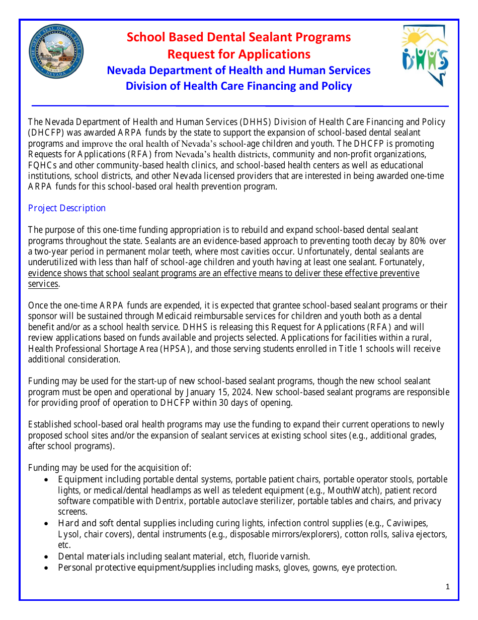 Request for Applications - School Based Dental Sealant Programs - Nevada, Page 1