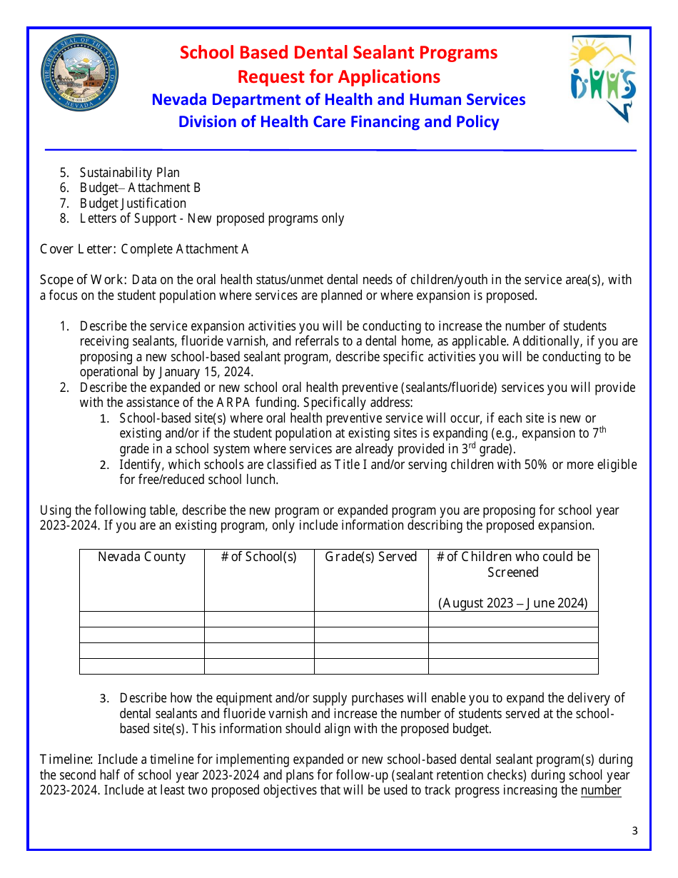 Request for Applications - School Based Dental Sealant Programs - Nevada, Page 3