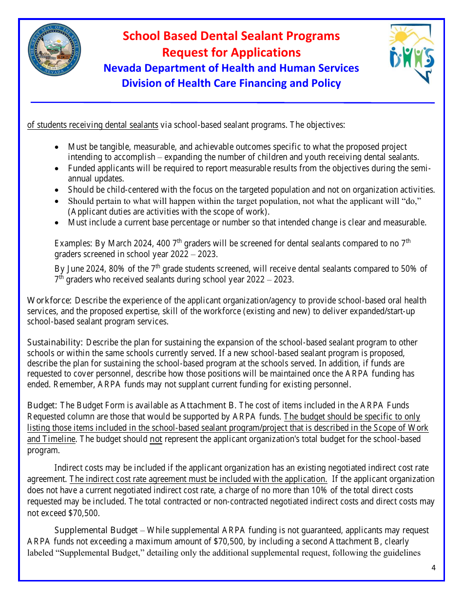 Request for Applications - School Based Dental Sealant Programs - Nevada, Page 4