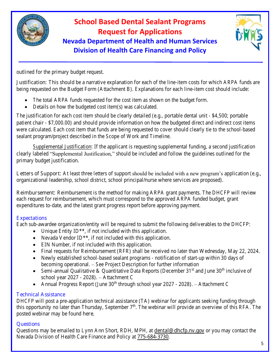 Request for Applications - School Based Dental Sealant Programs - Nevada, Page 5