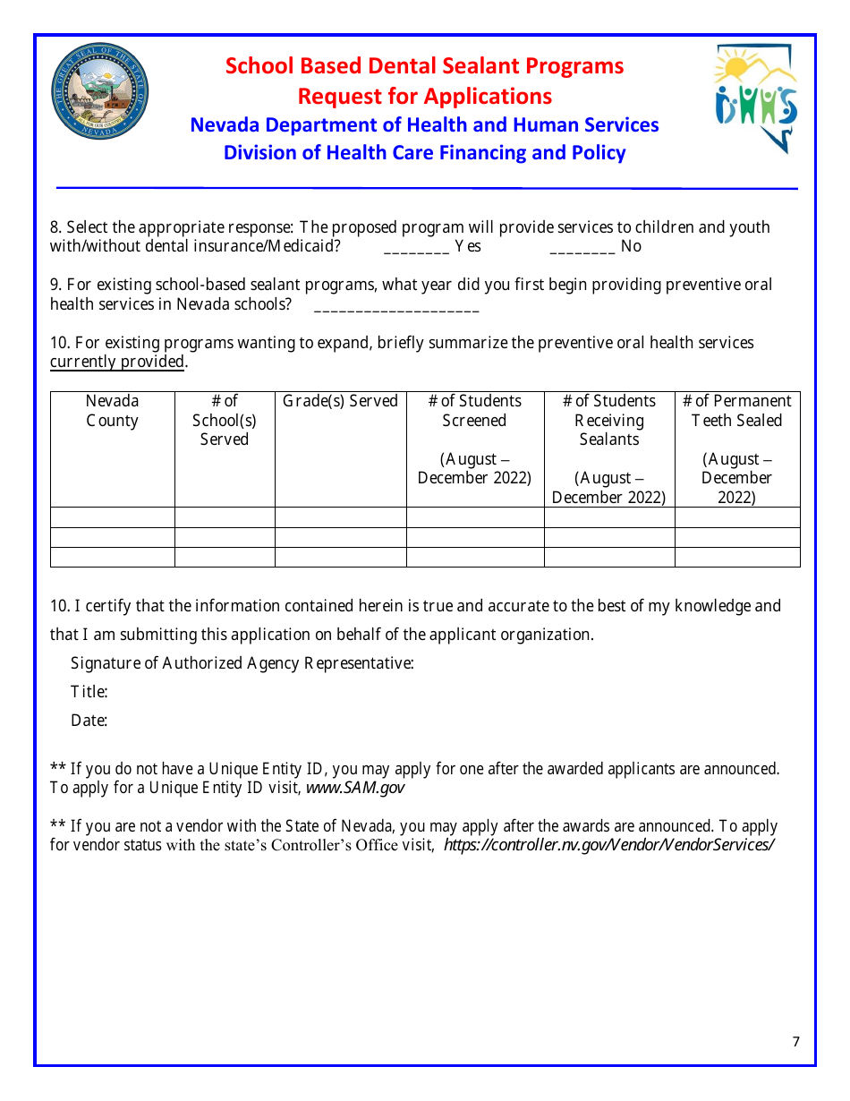 Request for Applications - School Based Dental Sealant Programs - Nevada, Page 7