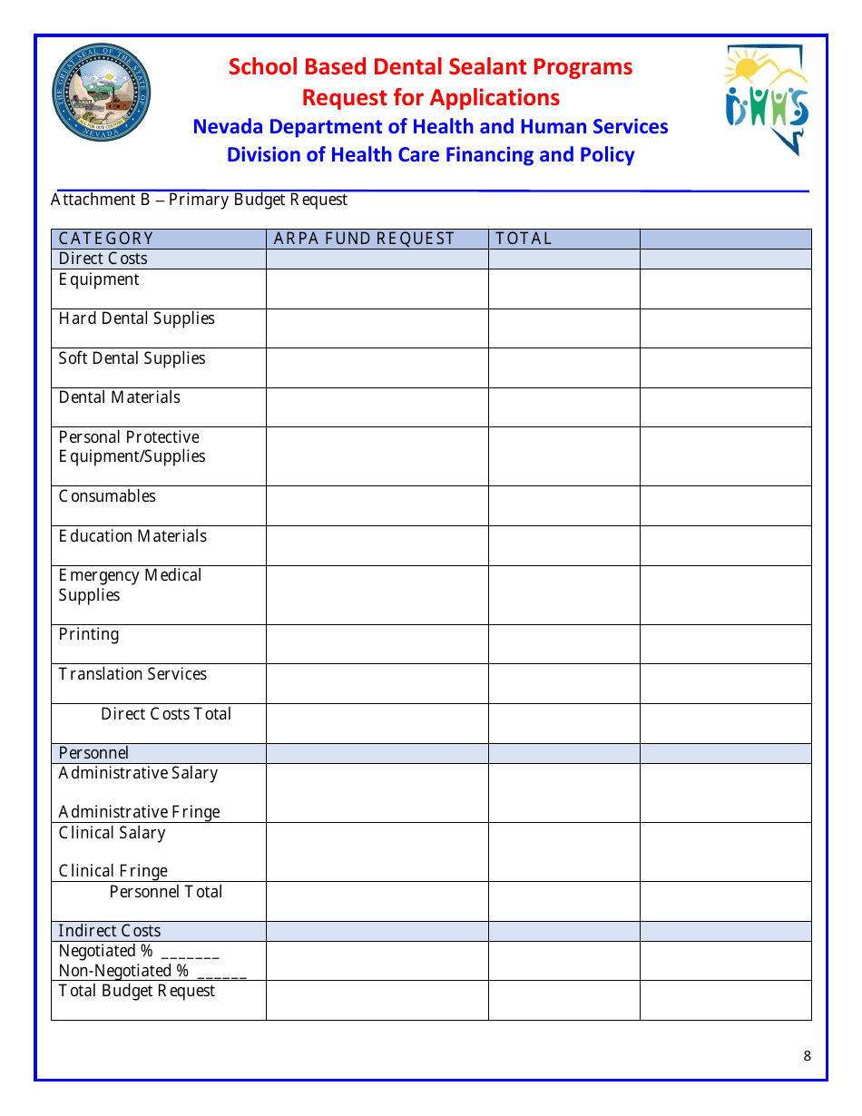 Request for Applications - School Based Dental Sealant Programs - Nevada, Page 8