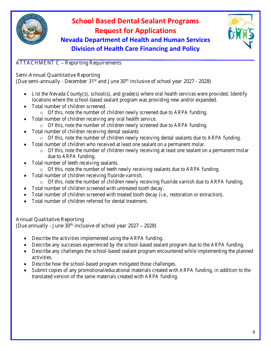 Request for Applications - School Based Dental Sealant Programs - Nevada, Page 9