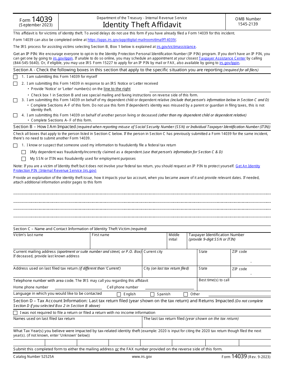IRS Form 14039 Identity Theft Affidavit, Page 1