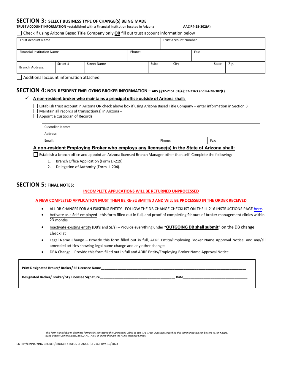 Form LI-216 Entity / Broker Status Change - Arizona, Page 2