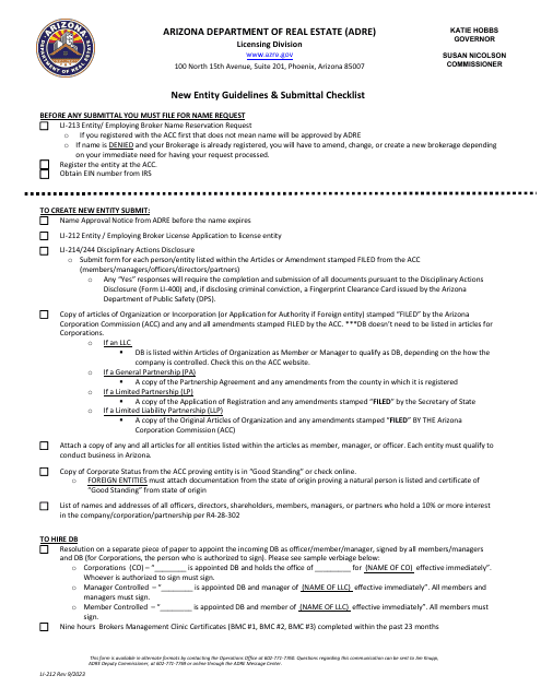Instructions for Form LI-212 Entity/Employing Broker License Application - Arizona