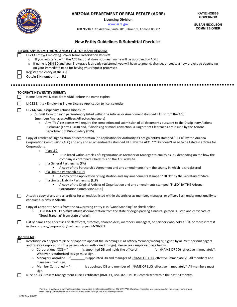 Instructions for Form LI-212 Entity / Employing Broker License Application - Arizona, Page 1