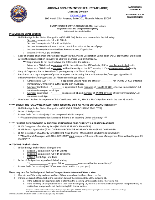 Instructions for Form LI-216 Entity/Broker Status Change Form - Arizona