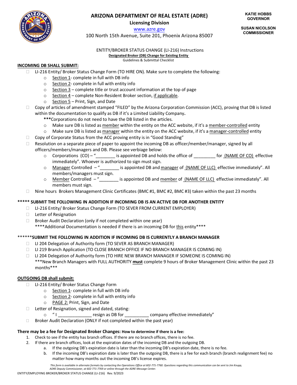 Instructions for Form LI-216 Entity / Broker Status Change Form - Arizona, Page 1