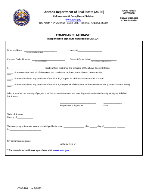 Form COM-104 Compliance Affidavit (Respondent's Signature Notarized) - Arizona
