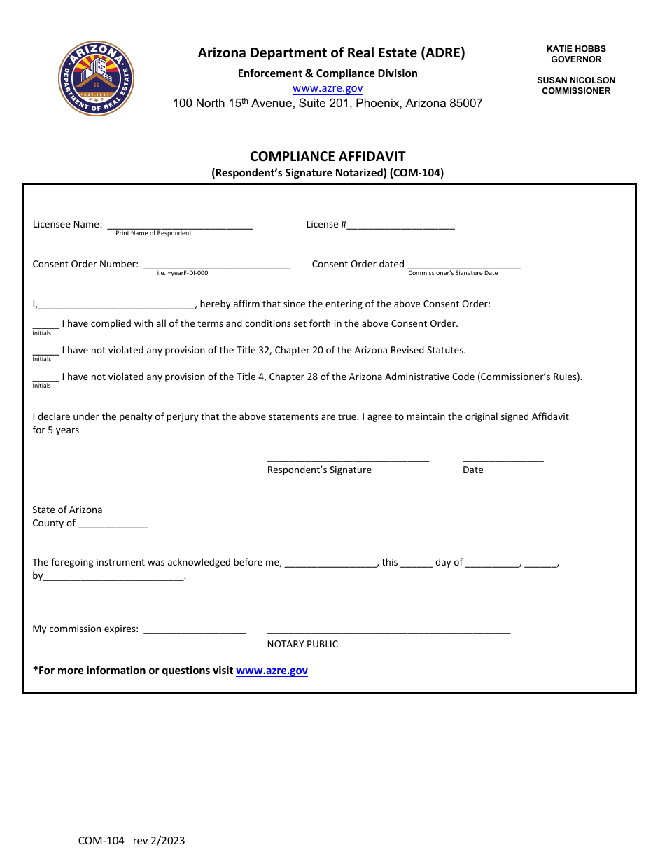 Form COM-104 - Fill Out, Sign Online and Download Fillable PDF, Arizona ...