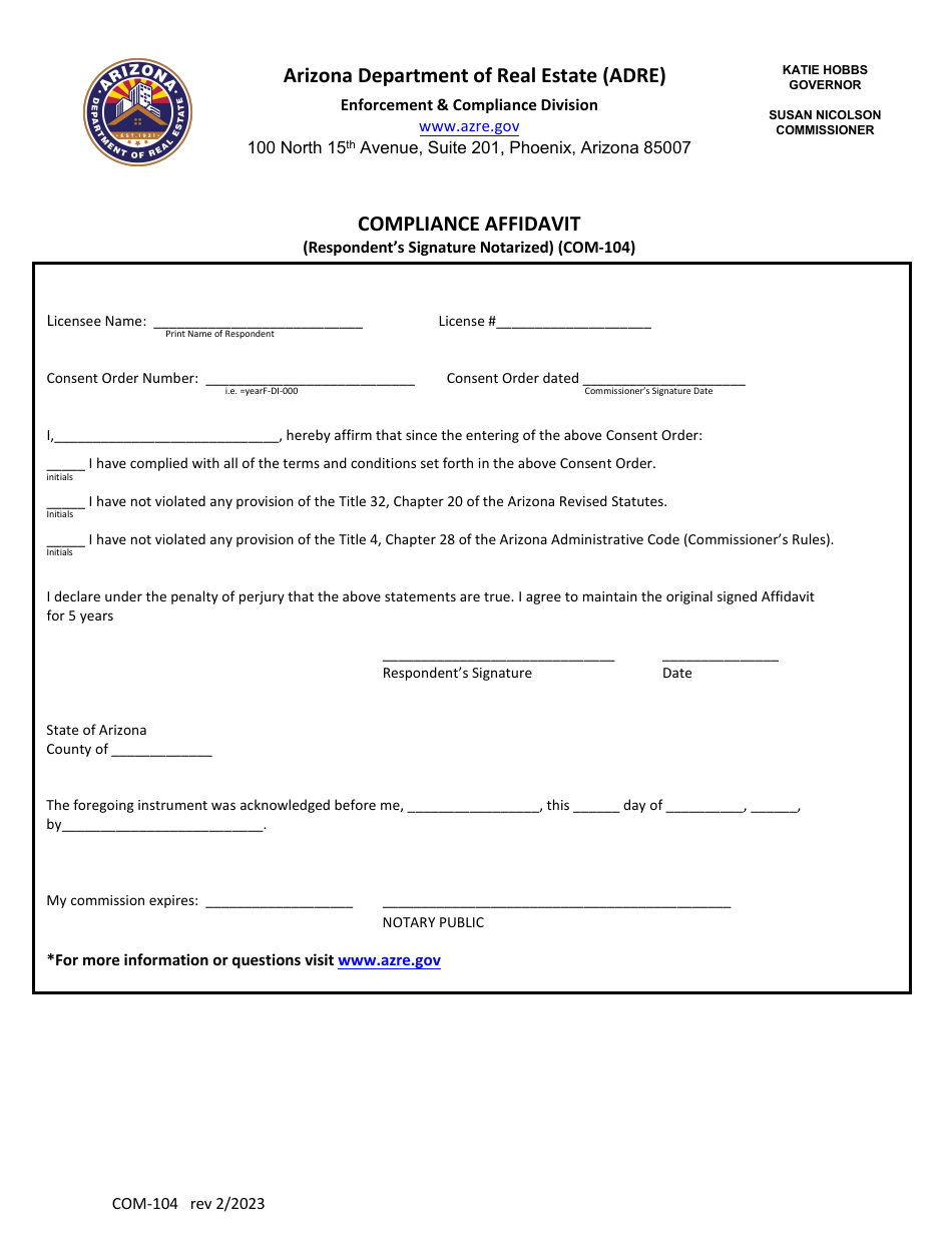 Form COM-104 Compliance Affidavit (Respondents Signature Notarized) - Arizona, Page 1