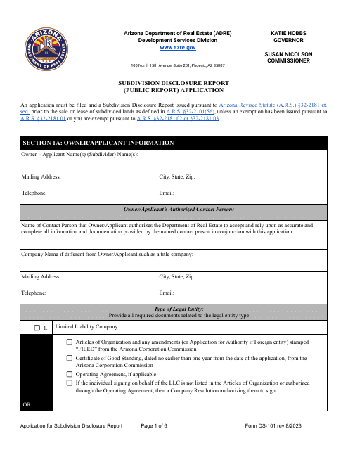 Form DS-101 Subdivision Disclosure Report (Public Report) Application - Arizona