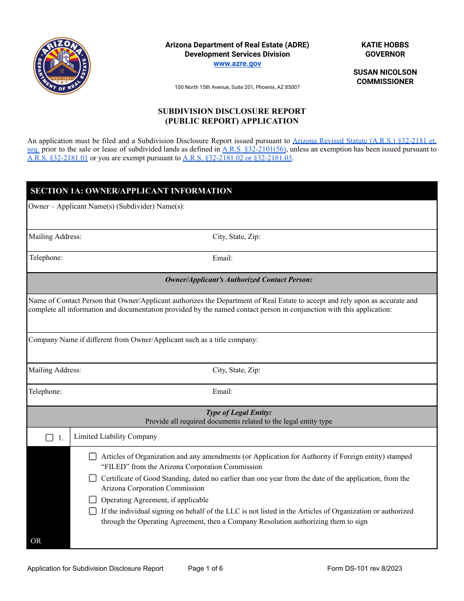Form DS-101 Subdivision Disclosure Report (Public Report) Application - Arizona, Page 1