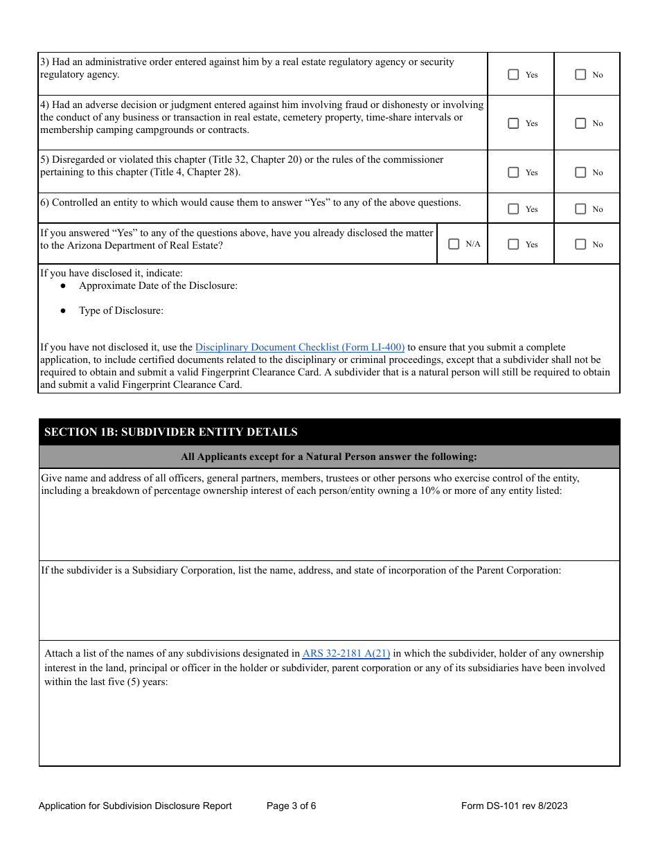 Form DS-101 Subdivision Disclosure Report (Public Report) Application - Arizona, Page 3
