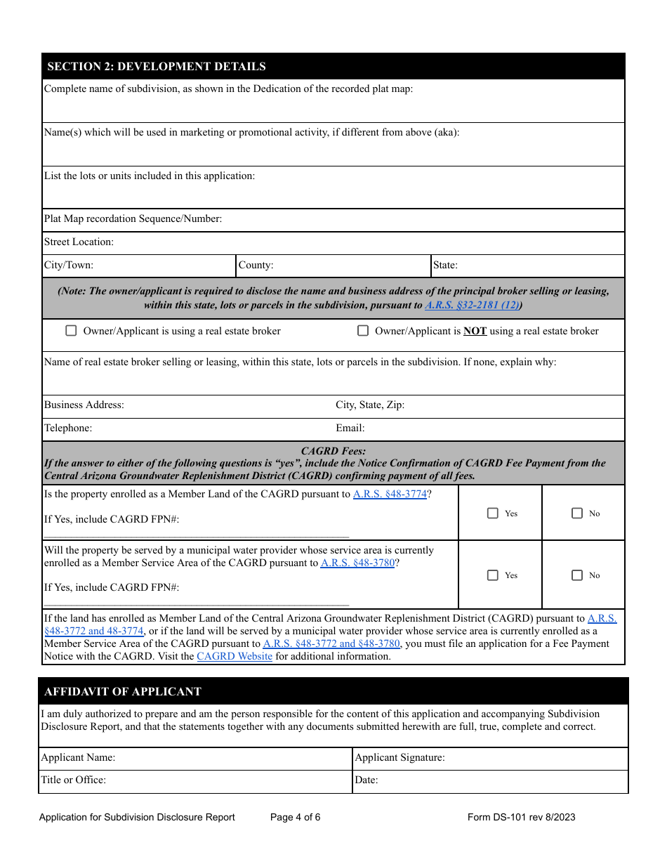 Form DS-101 Subdivision Disclosure Report (Public Report) Application - Arizona, Page 4