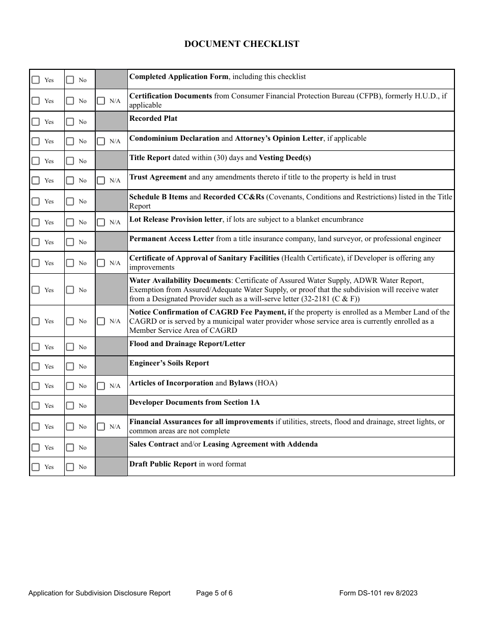 Form DS-101 Subdivision Disclosure Report (Public Report) Application - Arizona, Page 5
