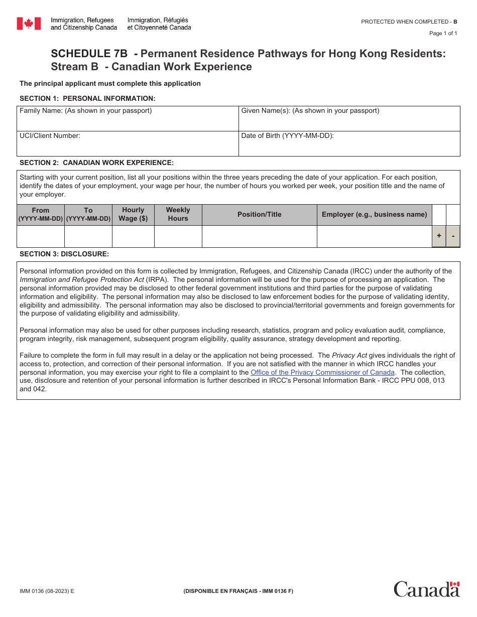 Form IMM0136 Schedule 7B Permanent Residence Pathways for Hong Kong Residents: Stream B - Canadian Work Experience - Canada, Page 1