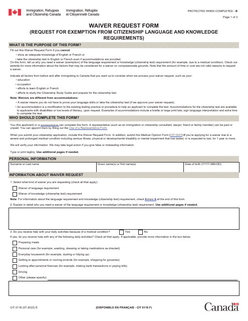 Form CIT0116 Waiver Request Form (Request for Exemption From Citizenship Language and Knowledge Requirements) - Canada