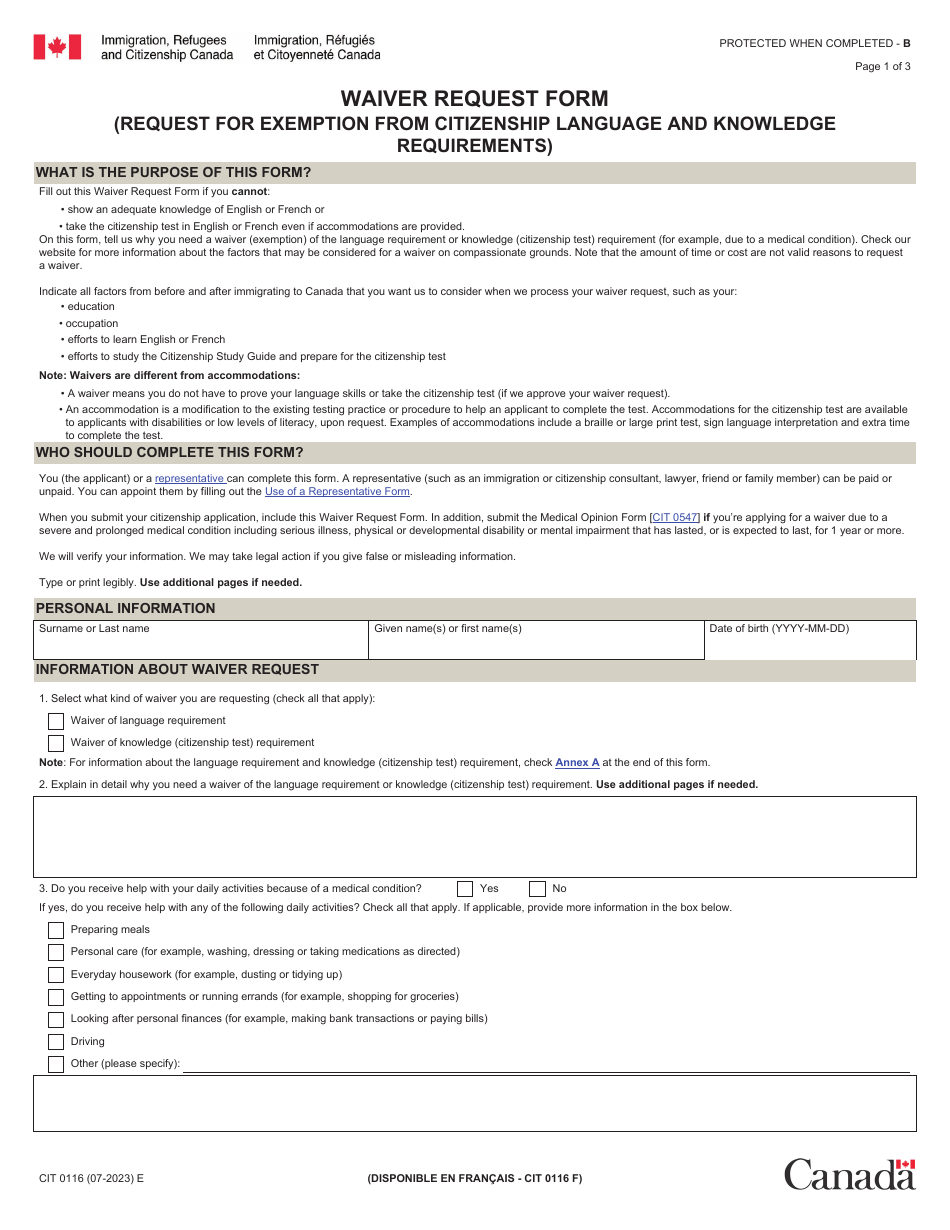 Form CIT0116 Waiver Request Form (Request for Exemption From Citizenship Language and Knowledge Requirements) - Canada, Page 1