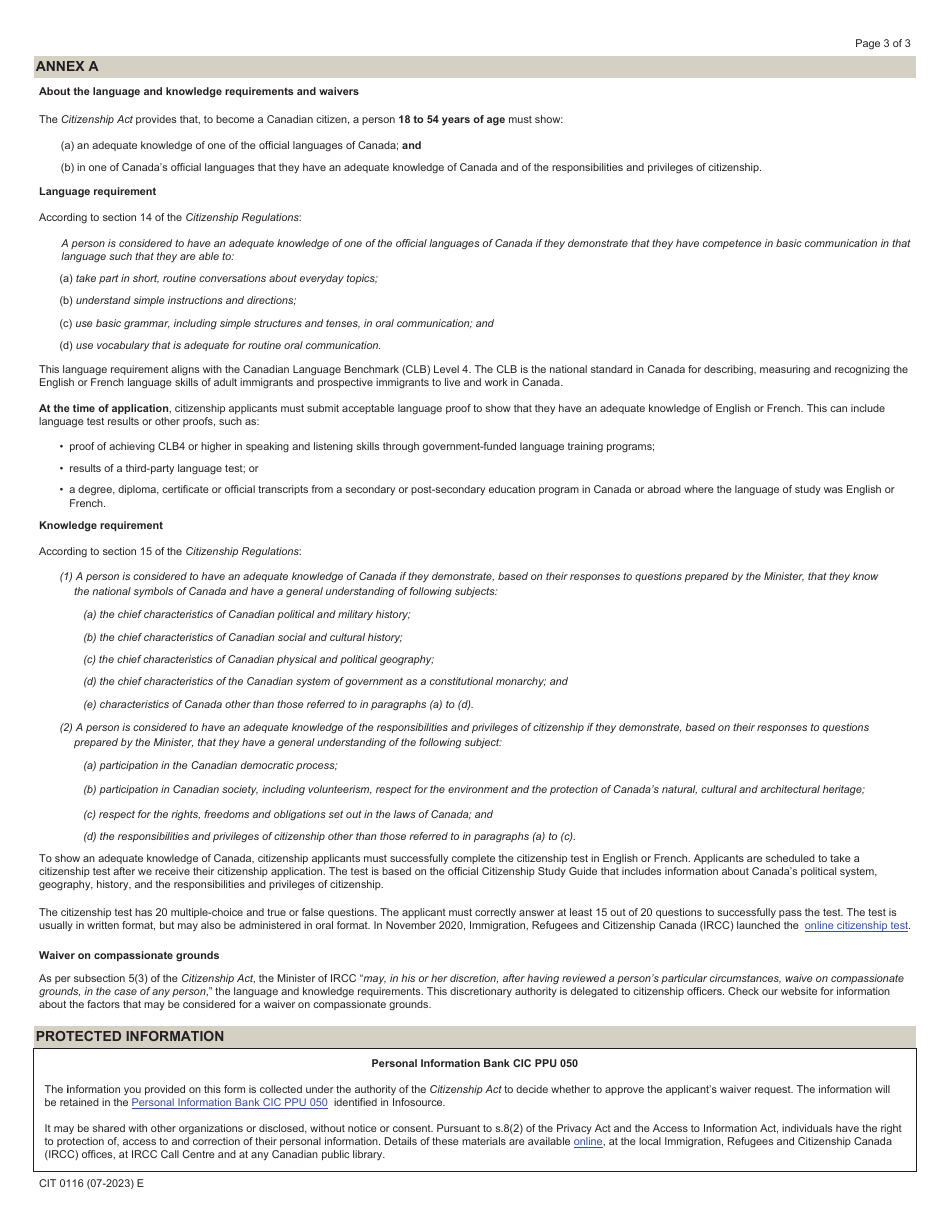 Form CIT0116 Waiver Request Form (Request for Exemption From Citizenship Language and Knowledge Requirements) - Canada, Page 3