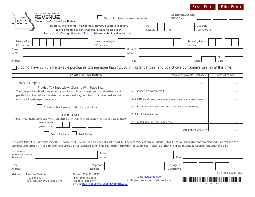 Form 53-C Consumer's Use Tax Return - Missouri