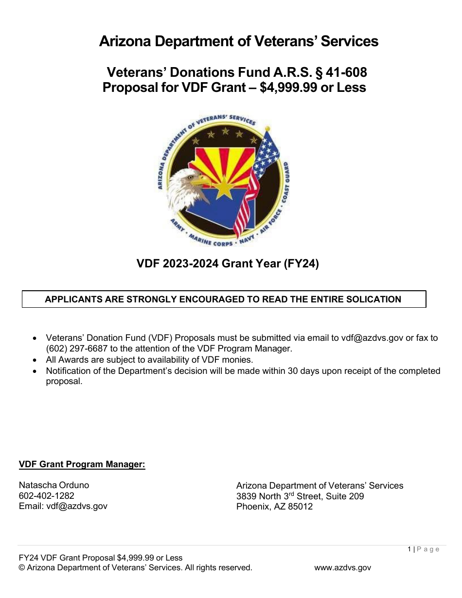 Veterans Donations Fund Proposal for Vdf Grant - $4,999.99 or Less - Arizona, Page 1
