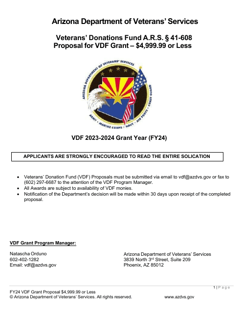 Veterans' Donations Fund Proposal for Vdf Grant - $4,999.99 or Less - Arizona Download Pdf