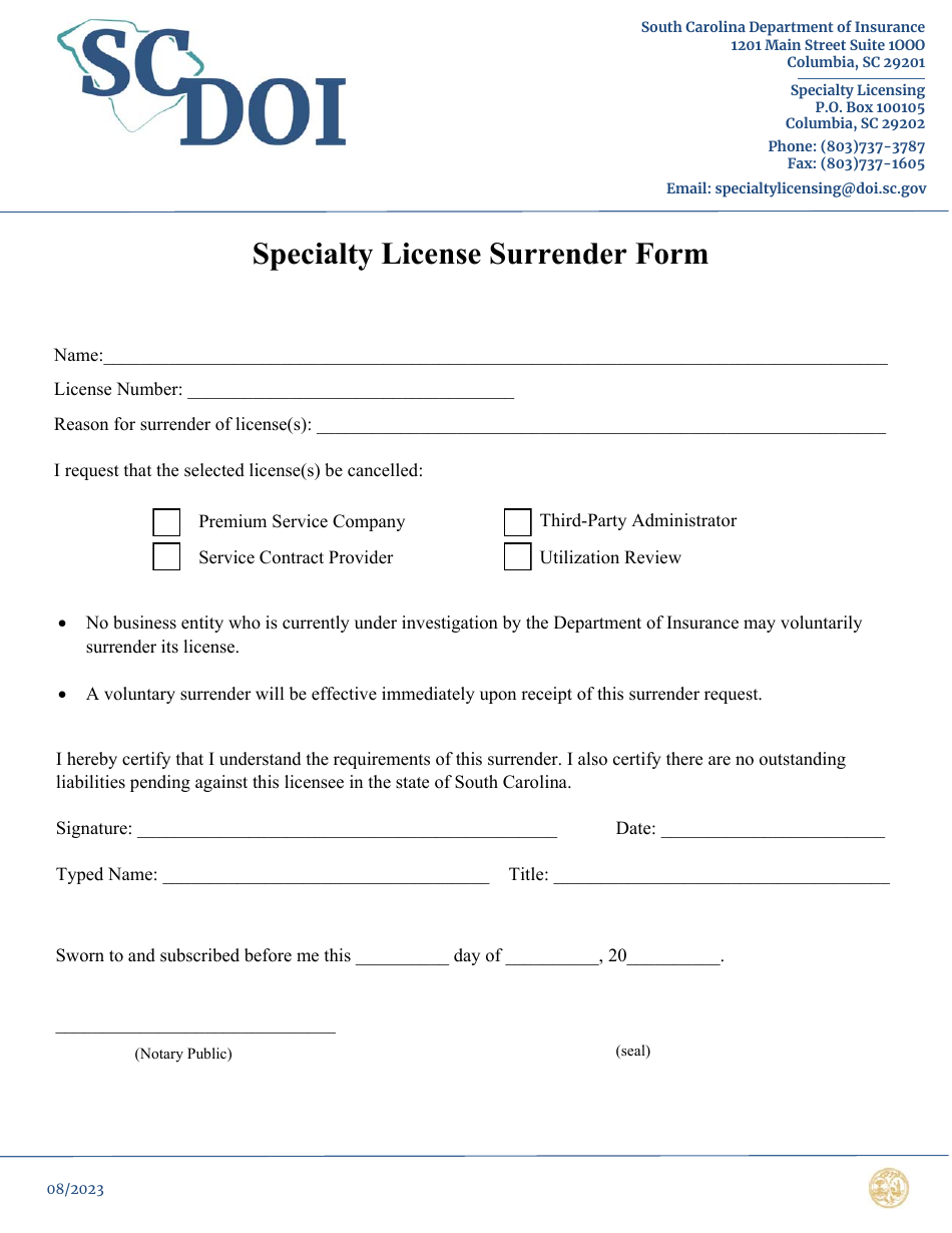 Specialty License Surrender Form - South Carolina, Page 1