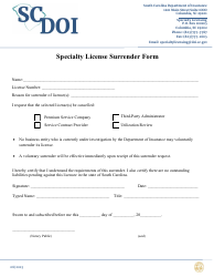Document preview: Specialty License Surrender Form - South Carolina