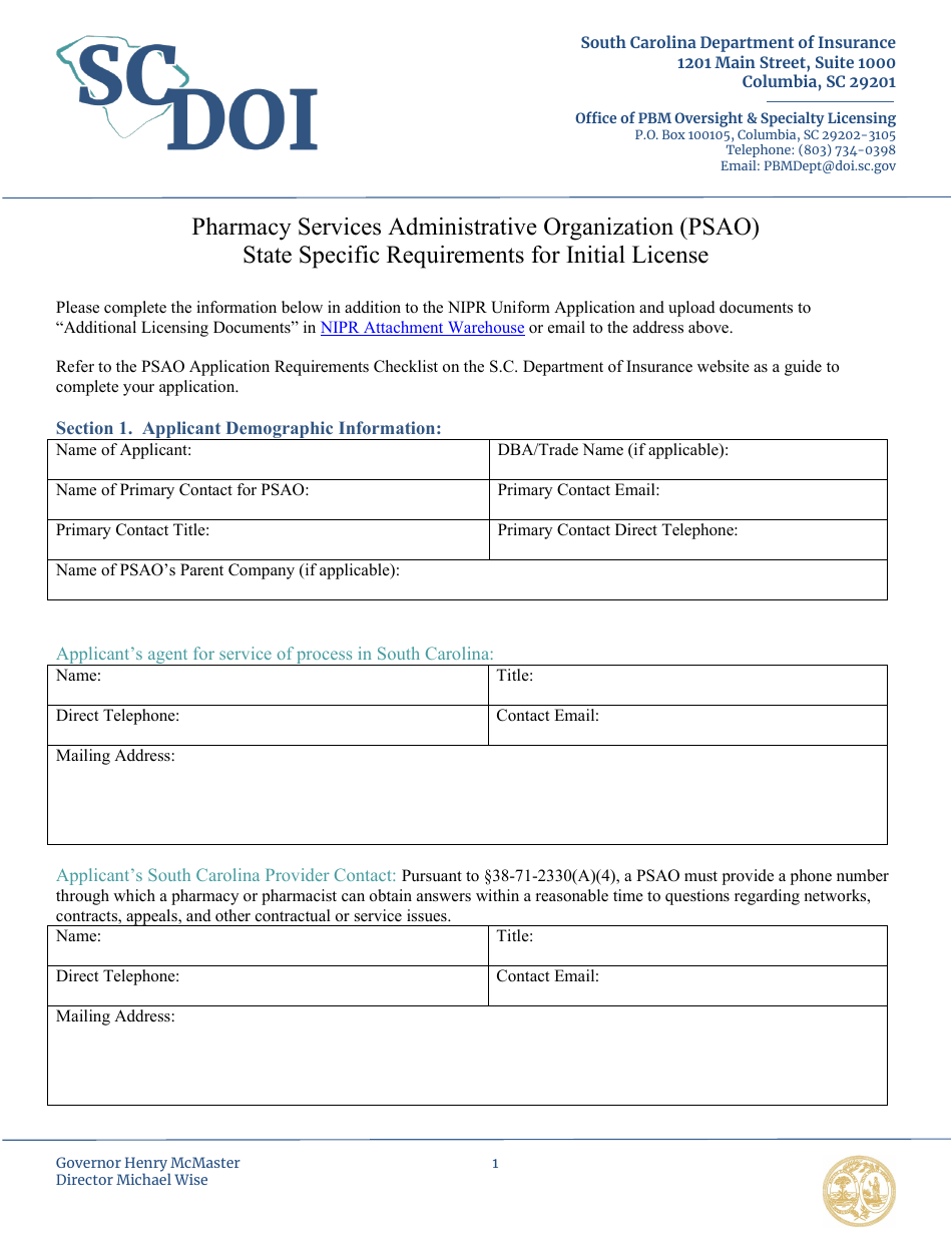 Pharmacy Services Administrative Organization (Psao) State Specific Requirements for Initial License - South Carolina, Page 1
