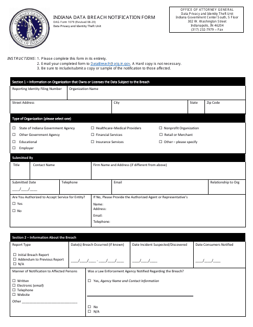 OAG Form 1079 Indiana Data Breach Notification Form - Indiana