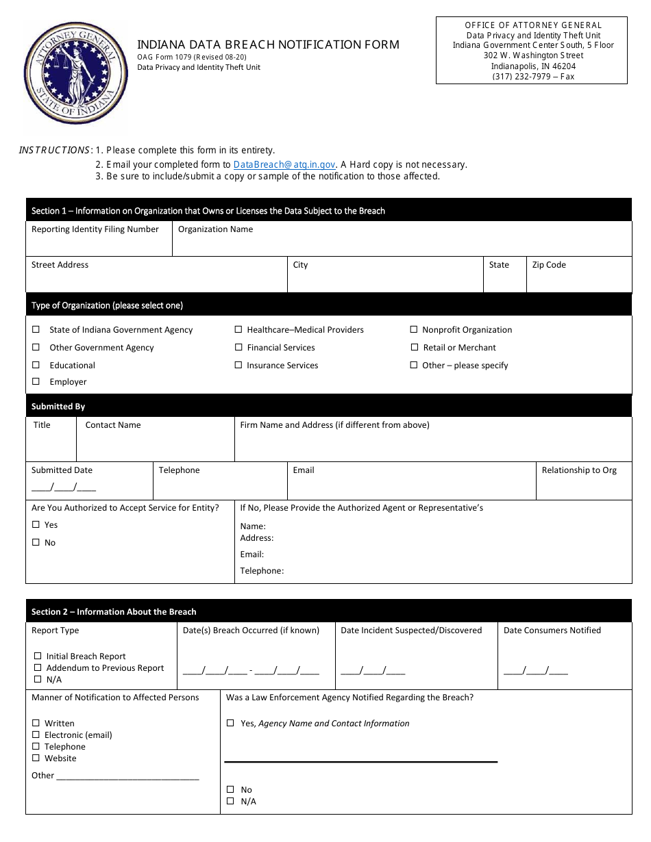 OAG Form 1079 Indiana Data Breach Notification Form - Indiana, Page 1