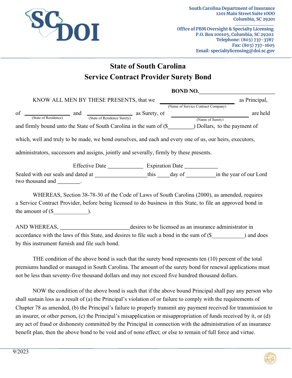 Service Contract Provider Surety Bond - South Carolina, Page 1