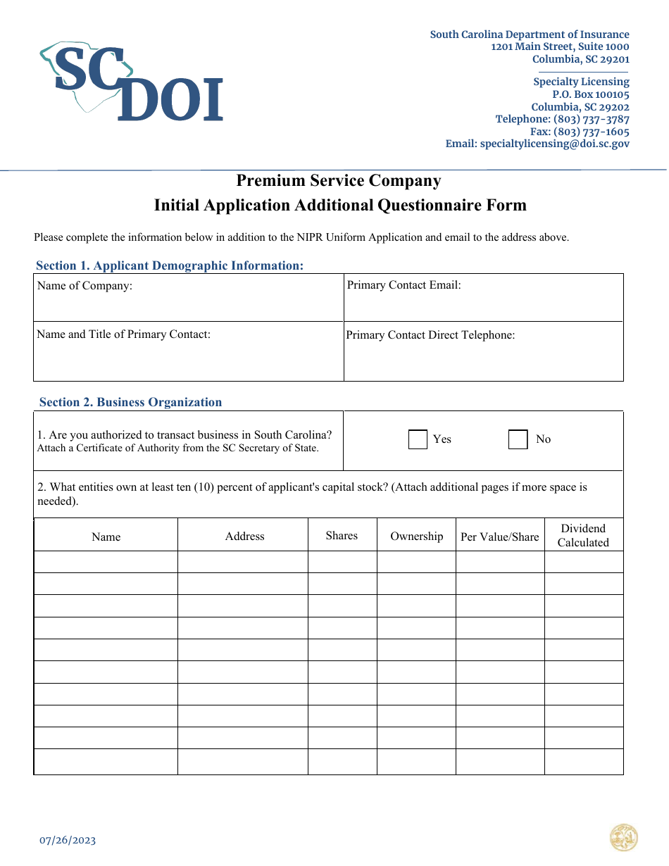 Premium Service Company Initial Application Additional Questionnaire Form - South Carolina, Page 1