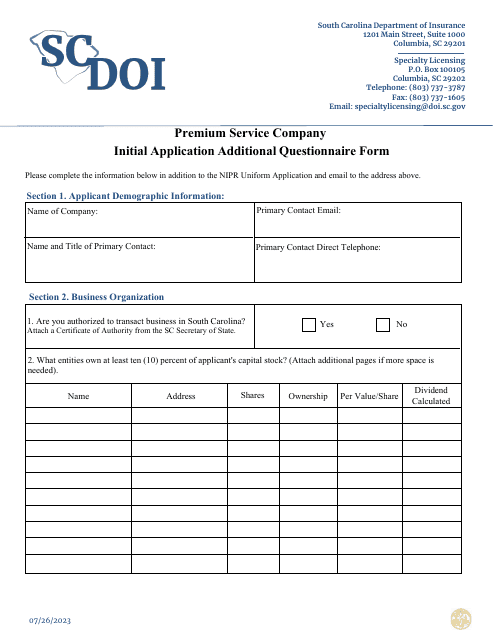 Premium Service Company Initial Application Additional Questionnaire Form - South Carolina Download Pdf