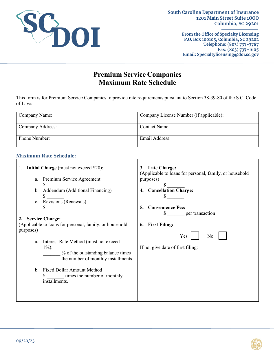 Premium Service Companies Maximum Rate Schedule - South Carolina, Page 1