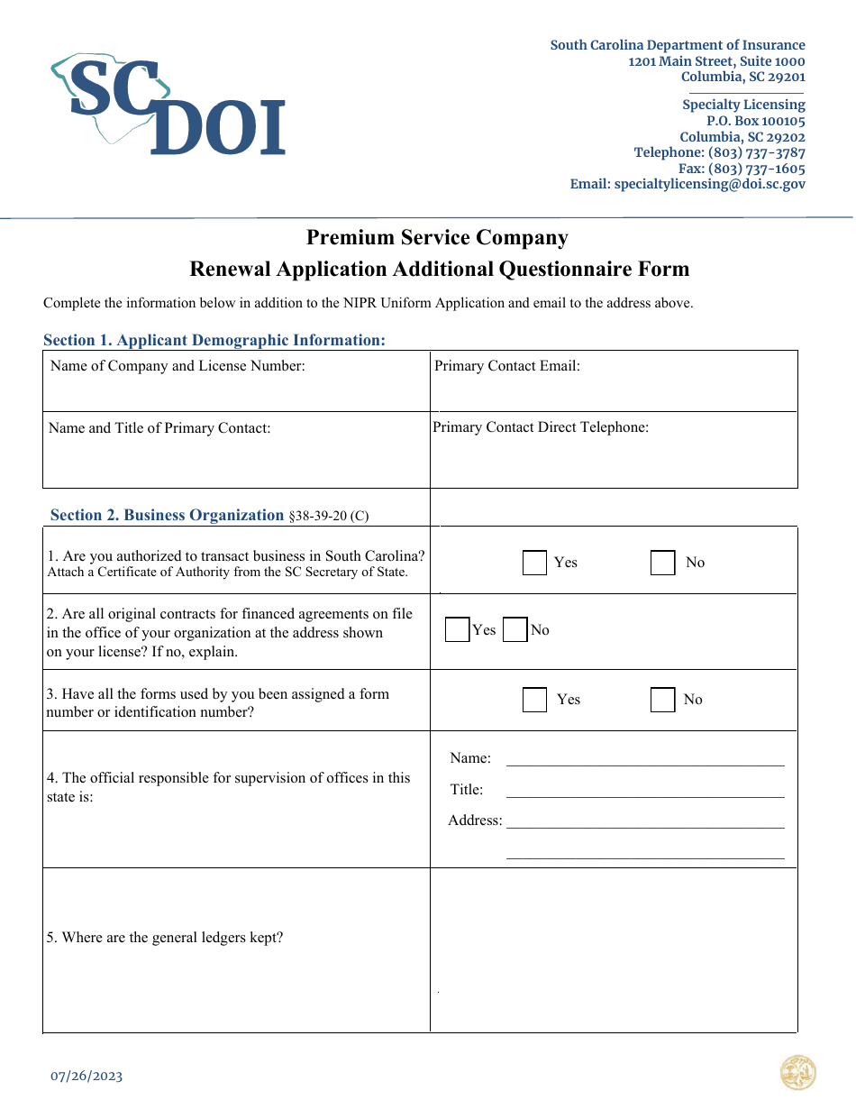 Premium Service Company Renewal Application Additional Questionnaire Form - South Carolina, Page 1