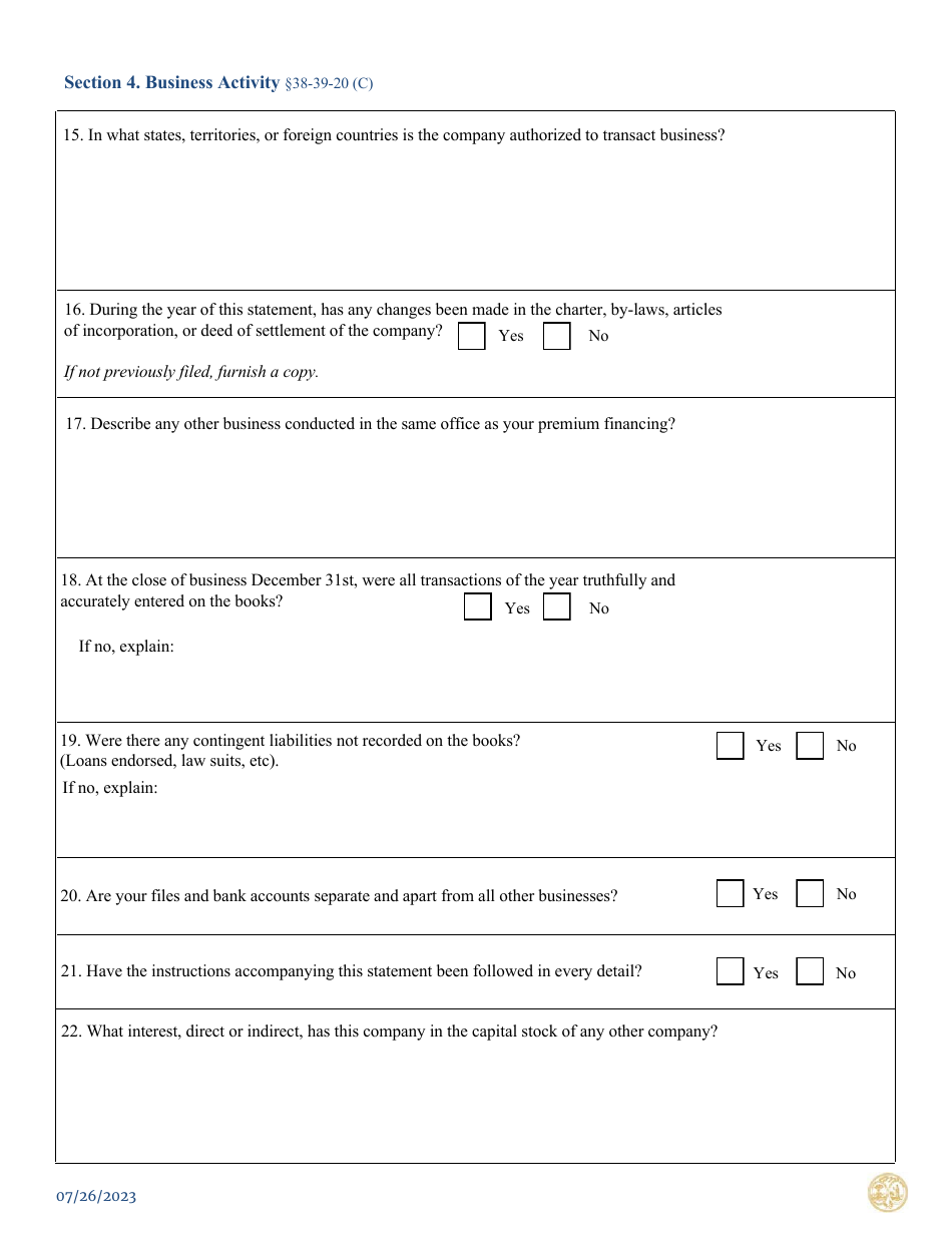 Premium Service Company Renewal Application Additional Questionnaire Form - South Carolina, Page 4