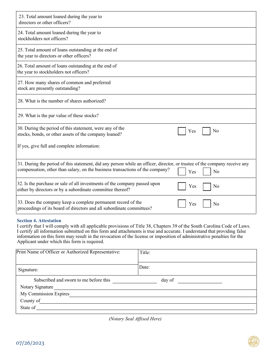 Premium Service Company Renewal Application Additional Questionnaire Form - South Carolina, Page 5